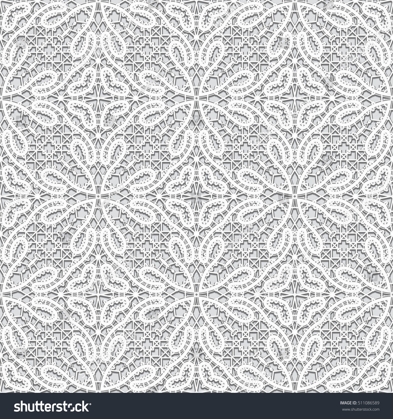 Vintage grey background, handmade tatting lace texture, tulle fabric, crochet ornament, seamless vector pattern #511086589