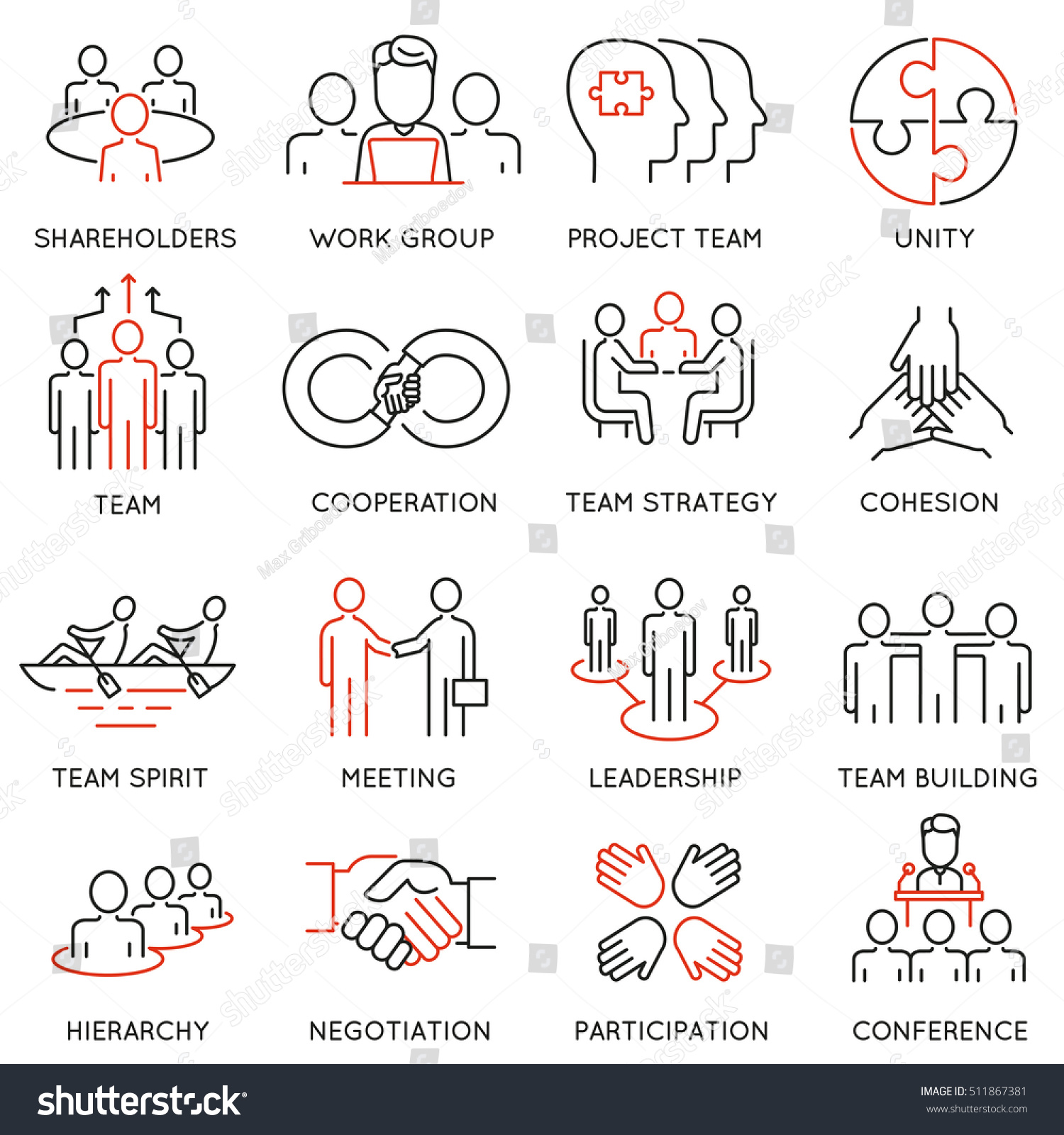 Vector set of linear icons related to business process, team work and human resource management. Mono line pictograms and infographics design elements #511867381