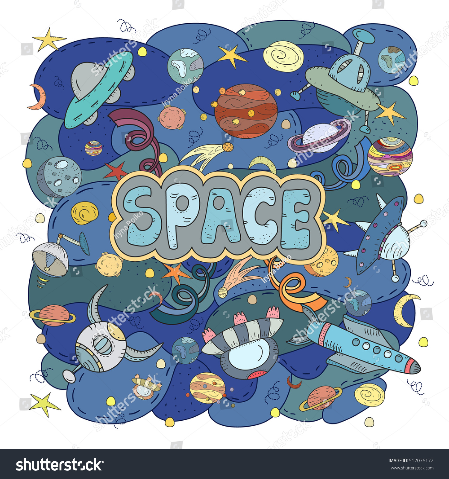 Cartoon hand-drawn doodles Space illustration. - Royalty Free Stock ...