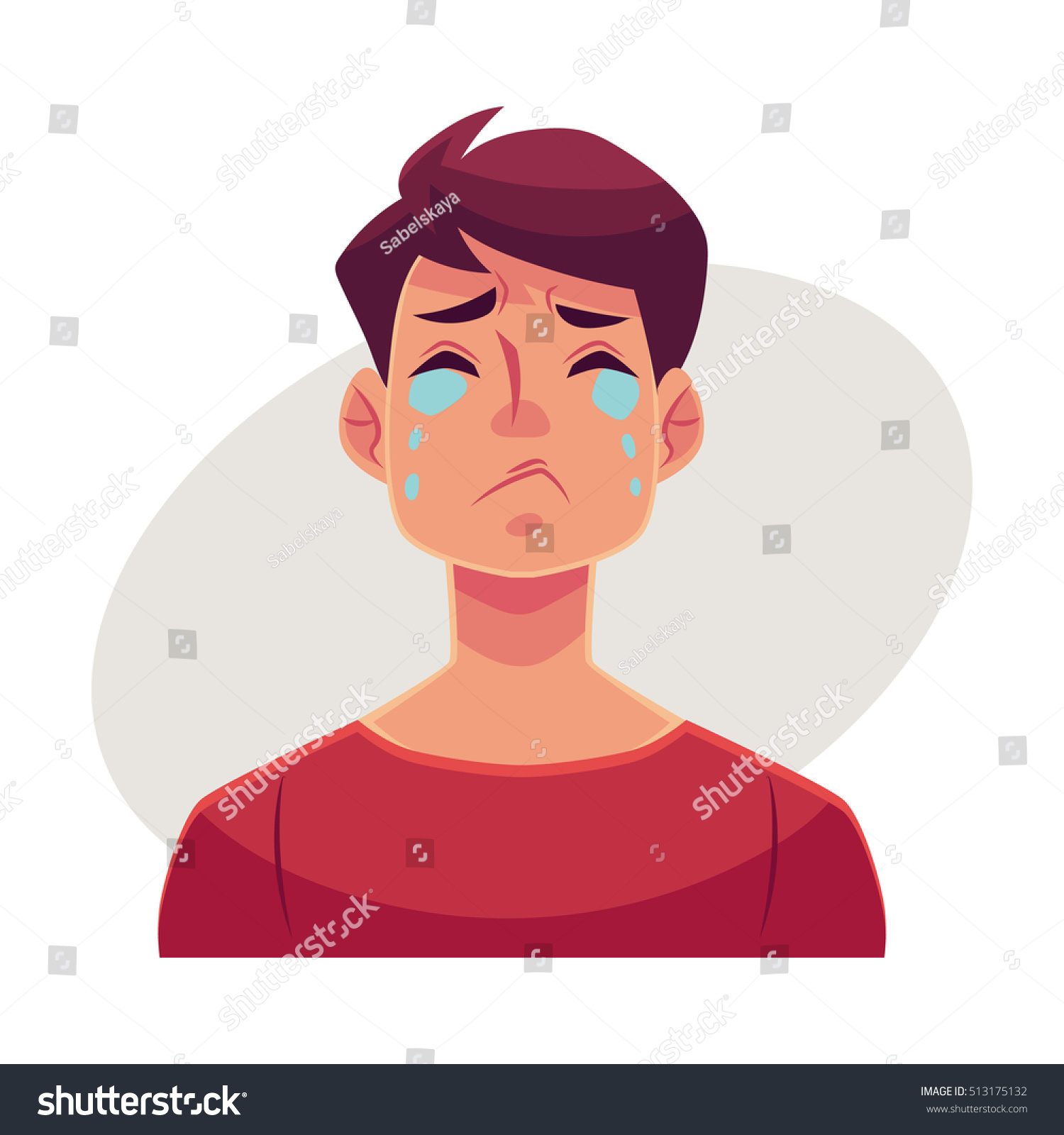 Young man face, crying facial expression, cartoon vector illustrations isolated on gray background. Handsome boy emoji crying, shedding tears, sad, heart broken, in grief. #513175132