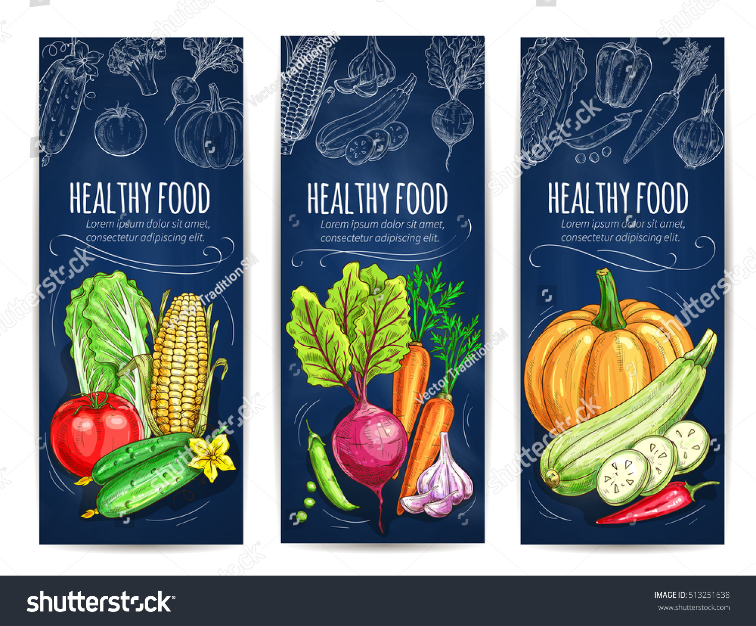 Vegetables. Vegetarian banners with chalk sketch cabbage, tomato, cucumber, corn, beet, pumpkin and pea, garlic and pepper on blackboard. Vegan menu card design #513251638