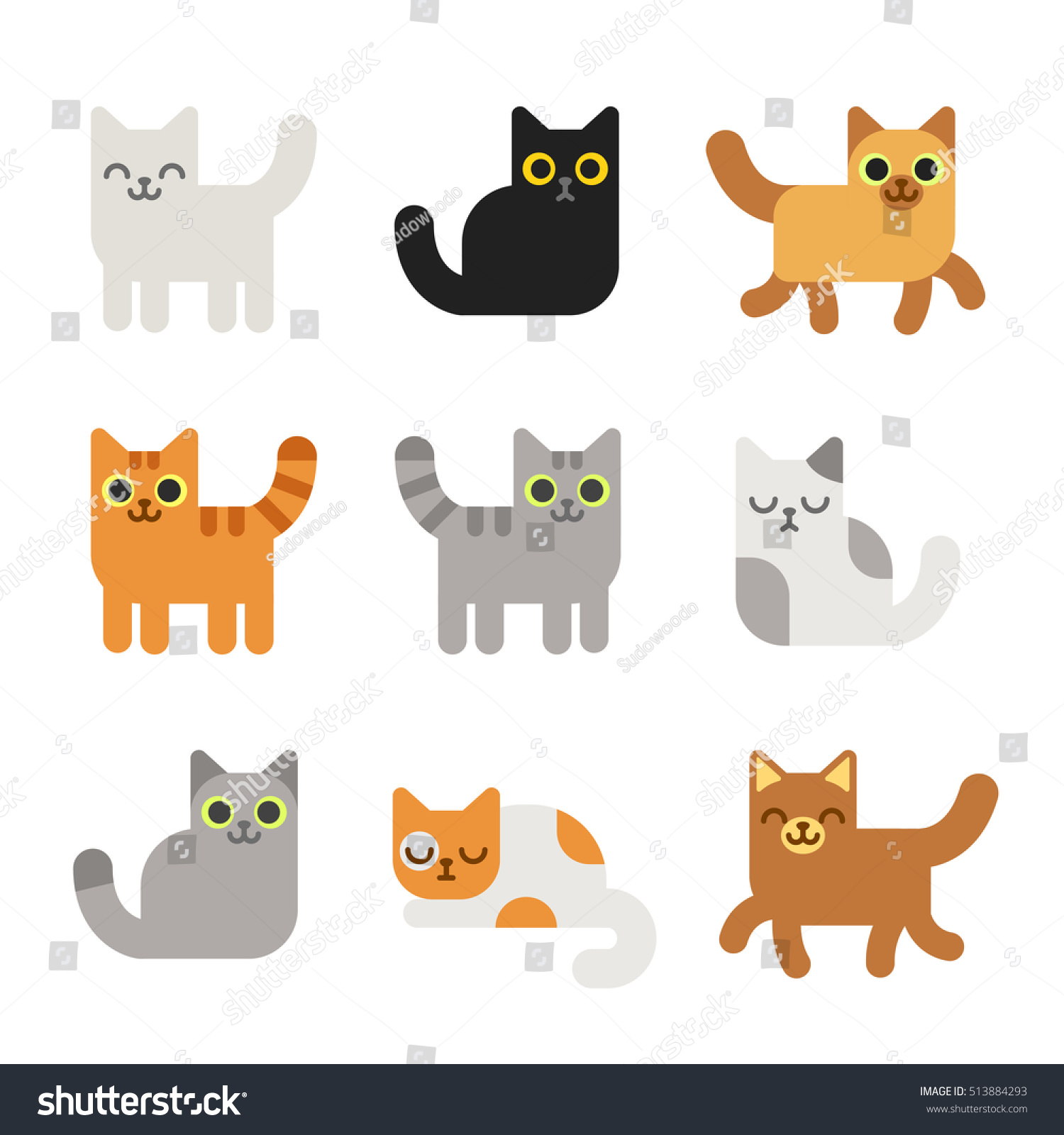 Different cartoon cats set. Simple modern geometric flat style vector illustration. #513884293