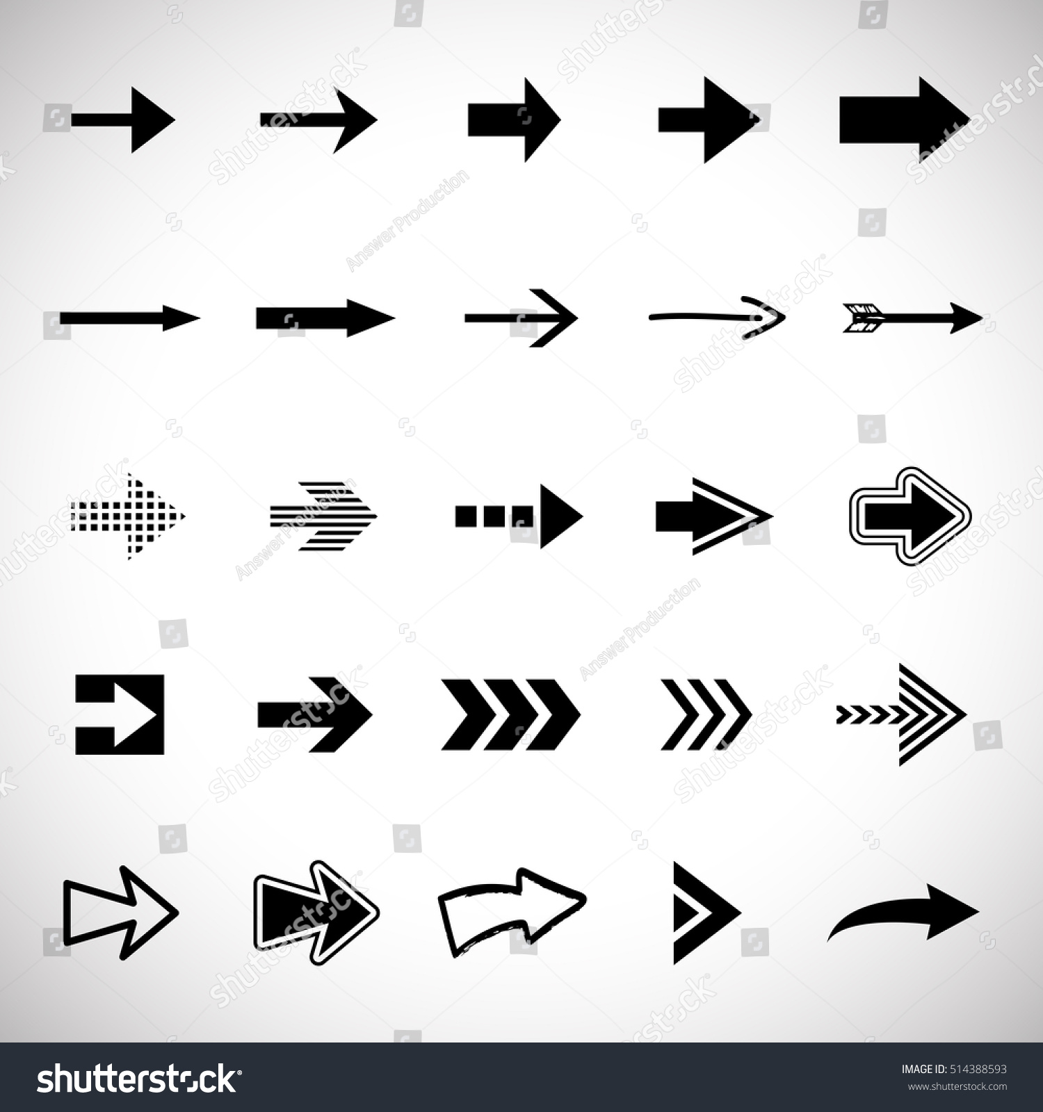 Arrow icons set - vector illustration. Different shape - isolated on gray background, graphic design. Modern color style #514388593