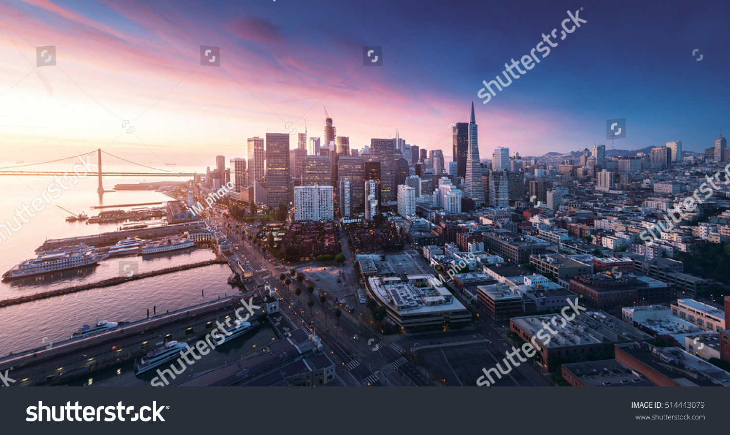 San Francisco panorama at sunrise with waterfront and downtown. California theme background. Art photograph. #514443079