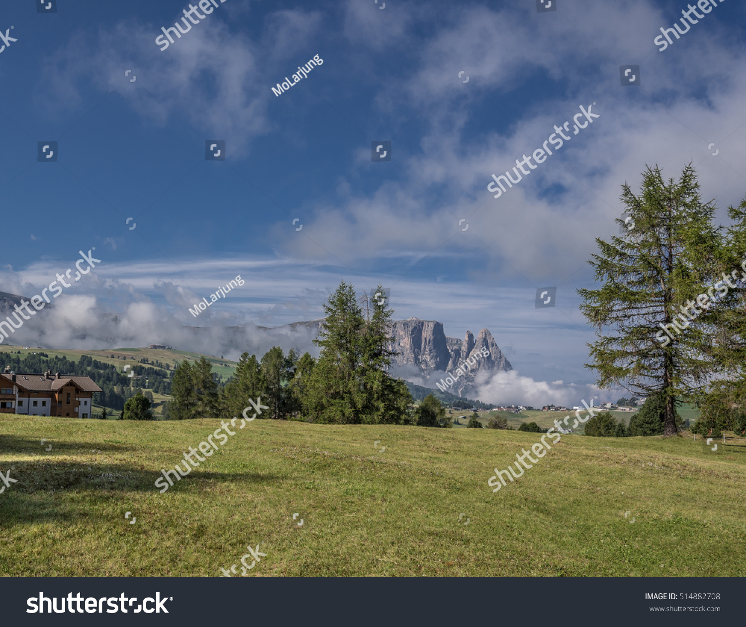 View of Sciliar mountain, most known icon of Alpe di Siusi/Seiser Alm, the highest alpine cultivated pasture, as seen from hiking path 6A, near hotel Icaro, Dolomites, Trentino, South Tyrol, Italy #514882708