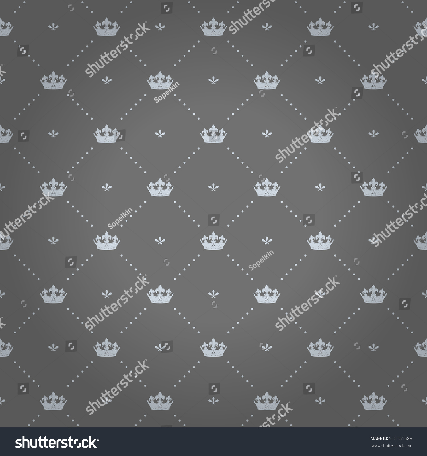 Luxury regal seamless pattern with light crown ornament signs in style of fashion on silver gray shaded background with flower and dot fill out. Design for wallpapers and textile print. #515151688