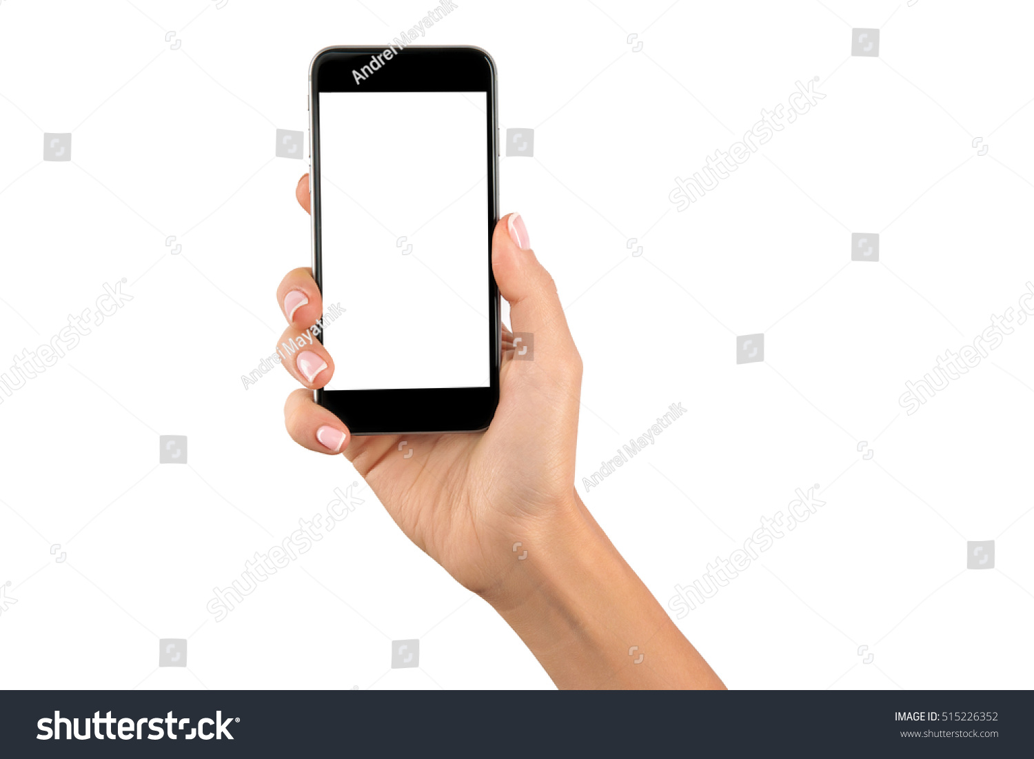 Female hand holding black cellphone with white screen at isolated background. #515226352