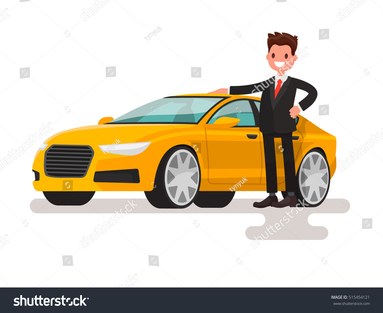 Happy man dressed in a suit next to the car. The seller or the owner of a new machine. Vector illustration in a flat style #515454121