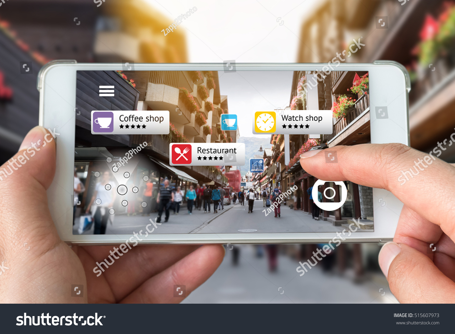 Augmented reality marketing concept. Hand holding smart phone use AR application to check relevant information about the spaces around customer. City and flare light background #515607973
