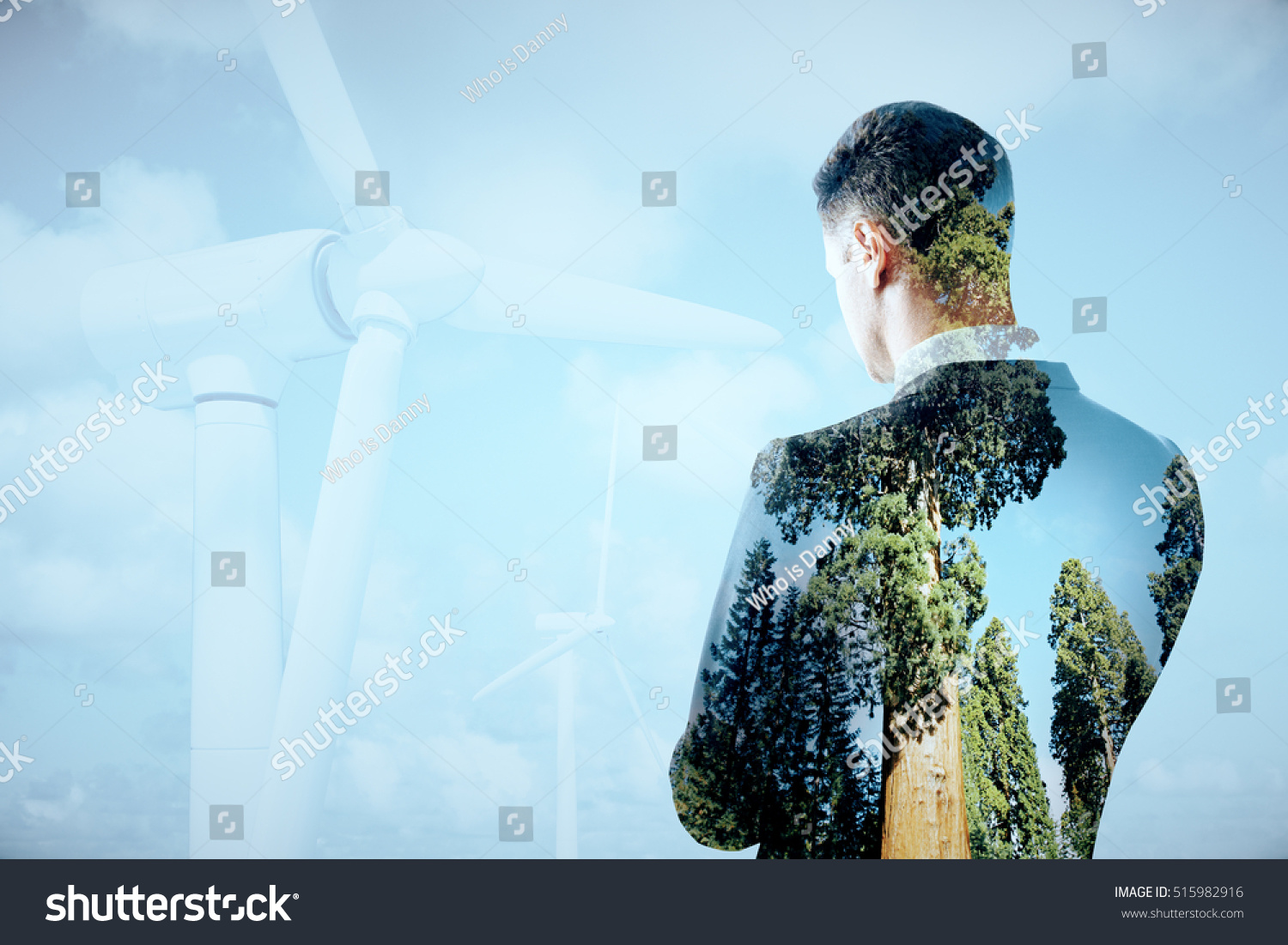 Thoughtful businessperson on sky background with wind mills. Double exposure. Eco friendly business concept #515982916