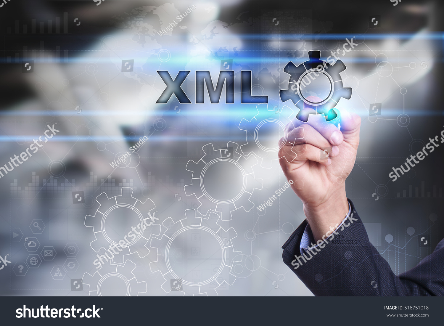 Businessman is drawing on virtual screen. xml concept #516751018