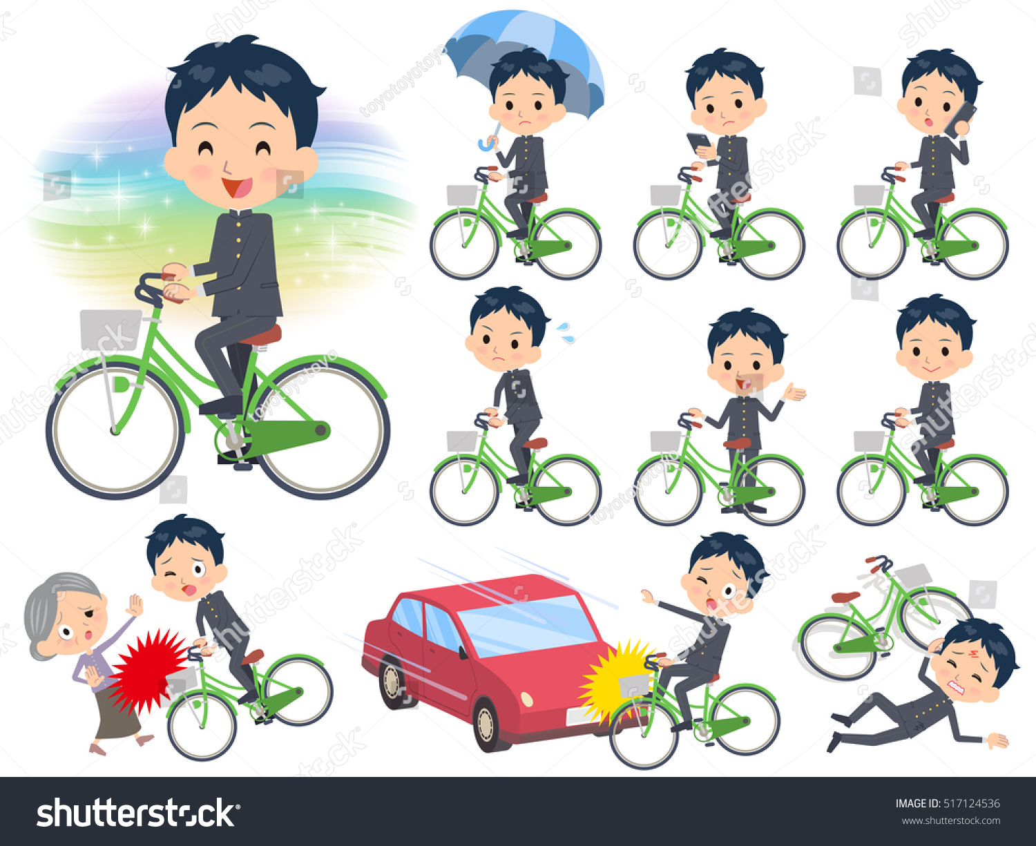 Set of various poses of school boy gakuran ride - Royalty Free Stock ...