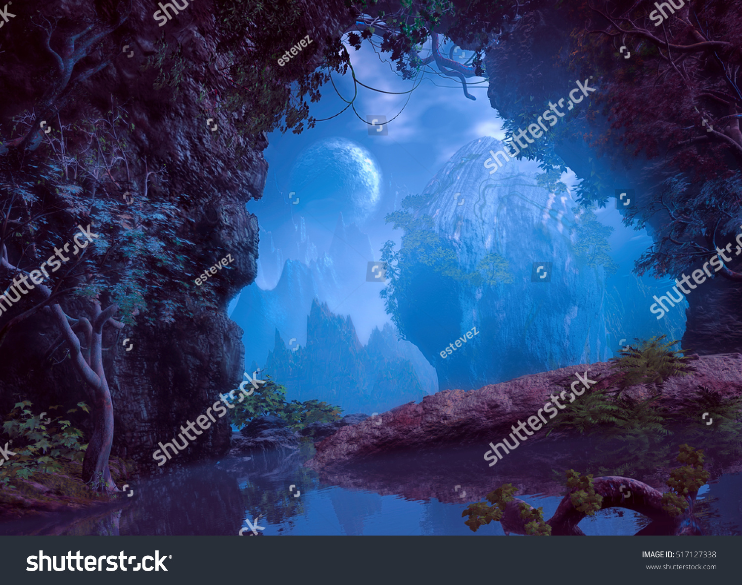 3D illustration of part of a cave with a small lake and vegetation from which one has a view of a landscape with a large rock to the center and mountains in a very cloudy atmosphere #517127338