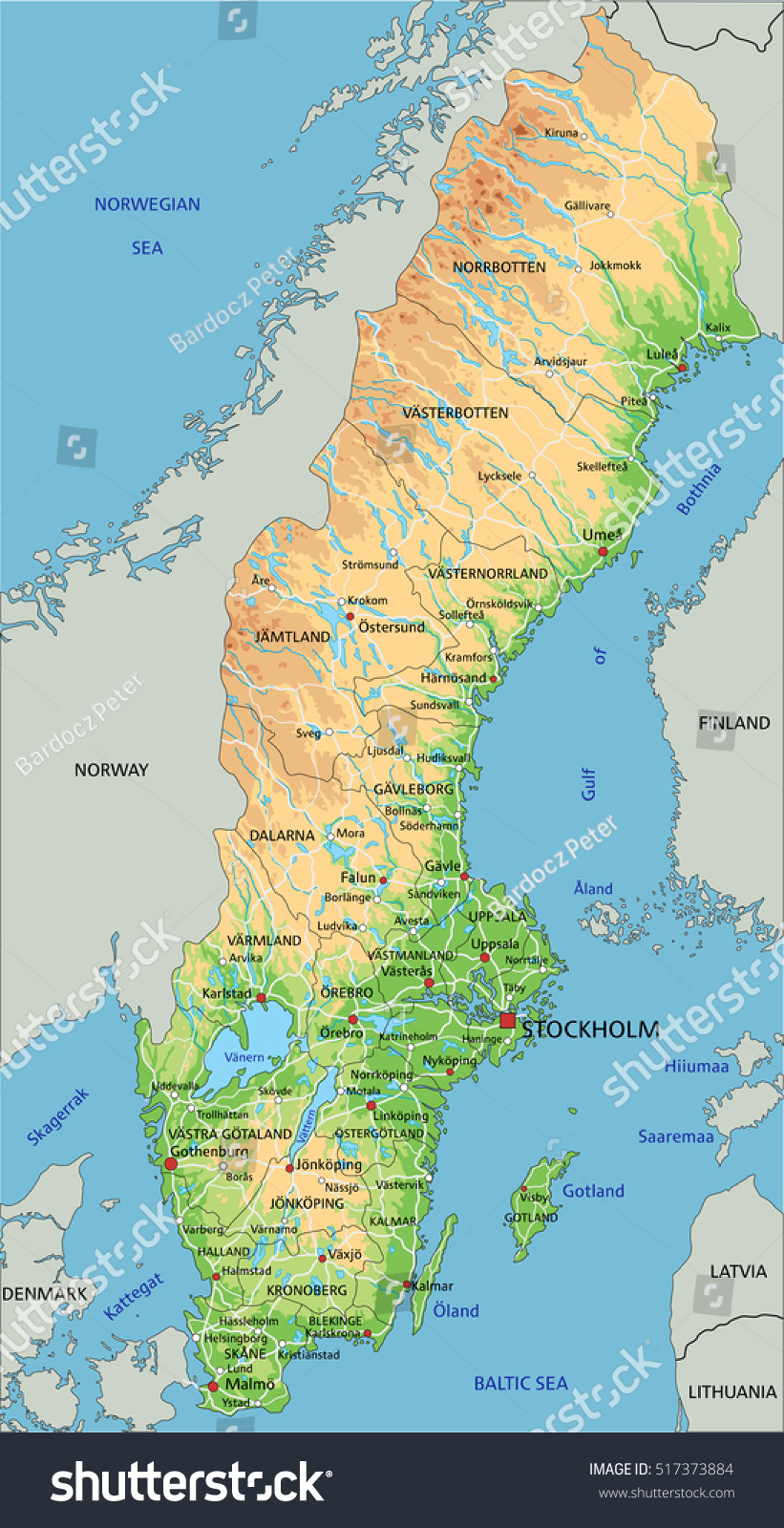 High detailed Sweden physical map with labeling. - Royalty Free Stock ...