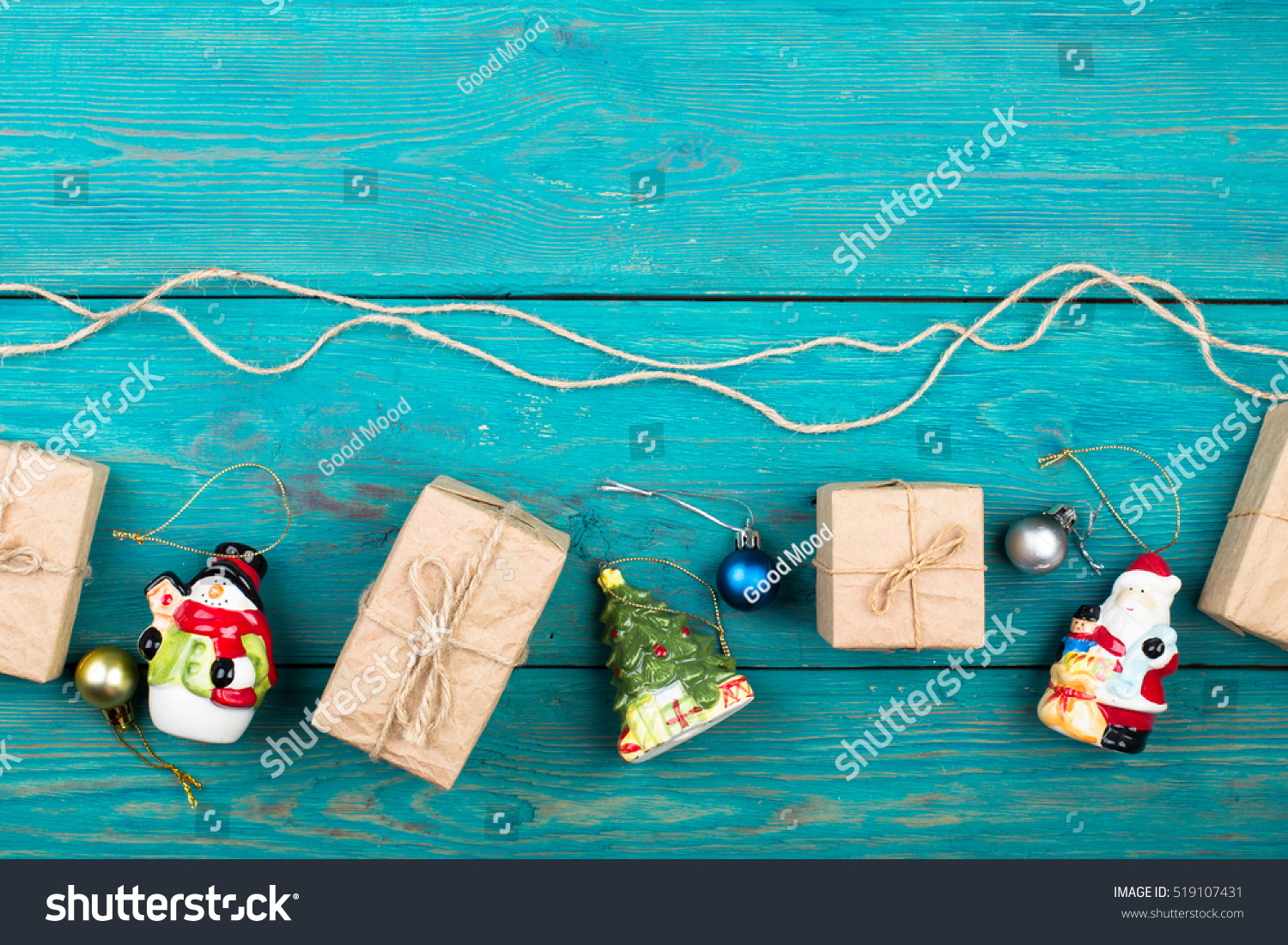 Christmas or New Year presents and Christmas toys on a blue wooden background #519107431