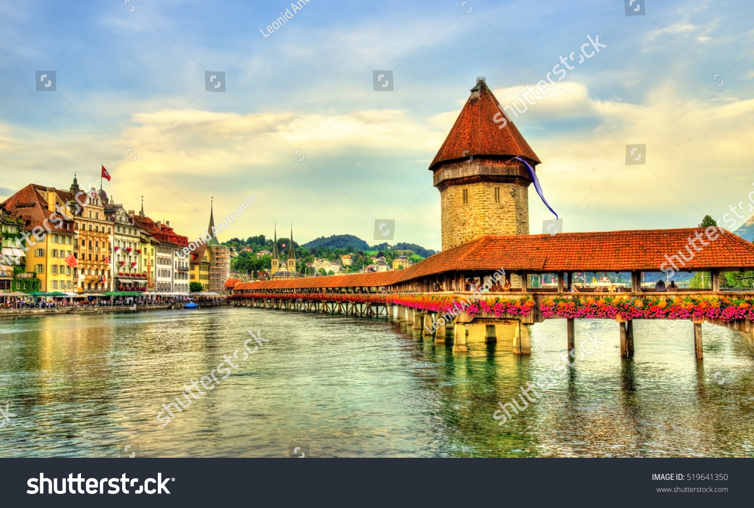 Chapel Bridge and Water Tower in Luzern - Switzerland #519641350