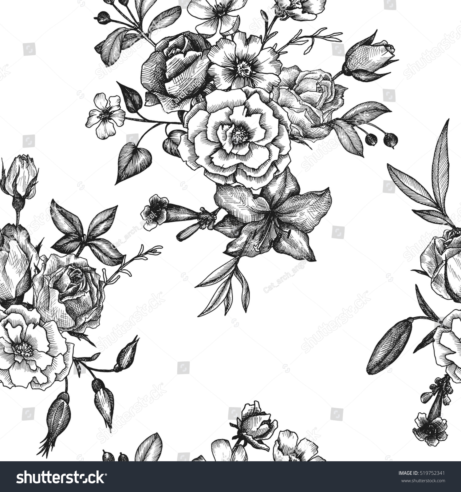 vintage vector floral seamless pattern in victorian style with flowers, buds and leaves, ink drawing, imitation of engraving, hand drawn background #519752341