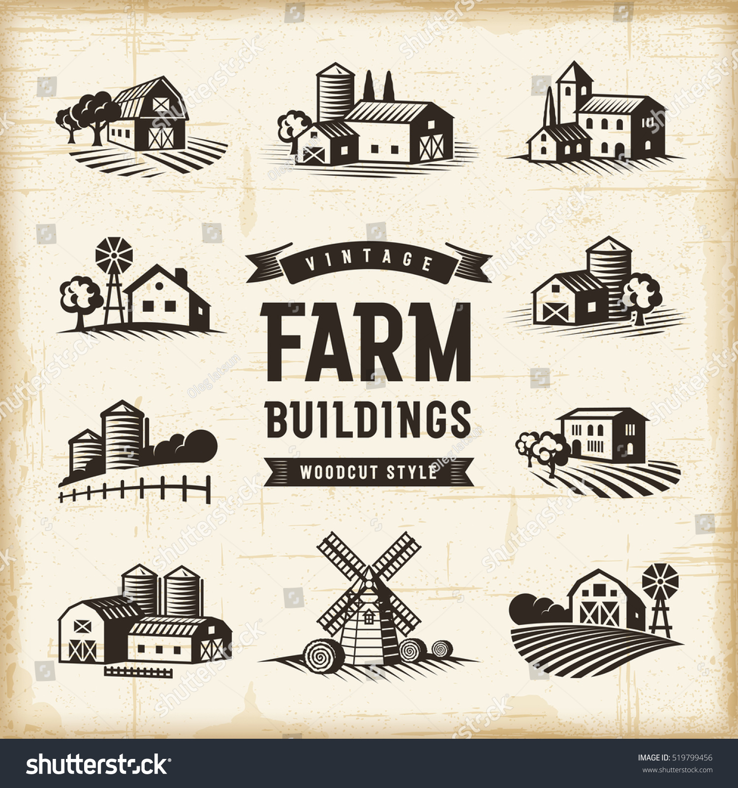 Vintage Farm Buildings Set. Editable EPS10 vector illustration in retro woodcut style with clipping mask and transparency. #519799456