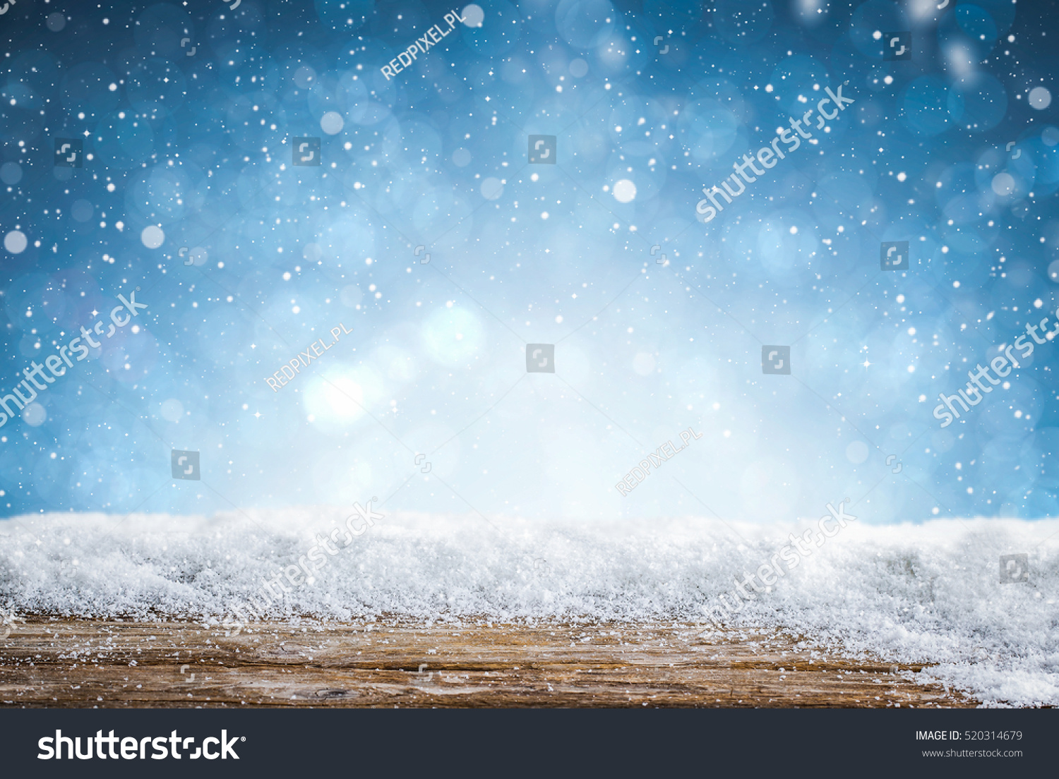 snow background light floor cold empty blue wooden space white table xmas top counter plank season wood card january frost falling concept - stock image #520314679