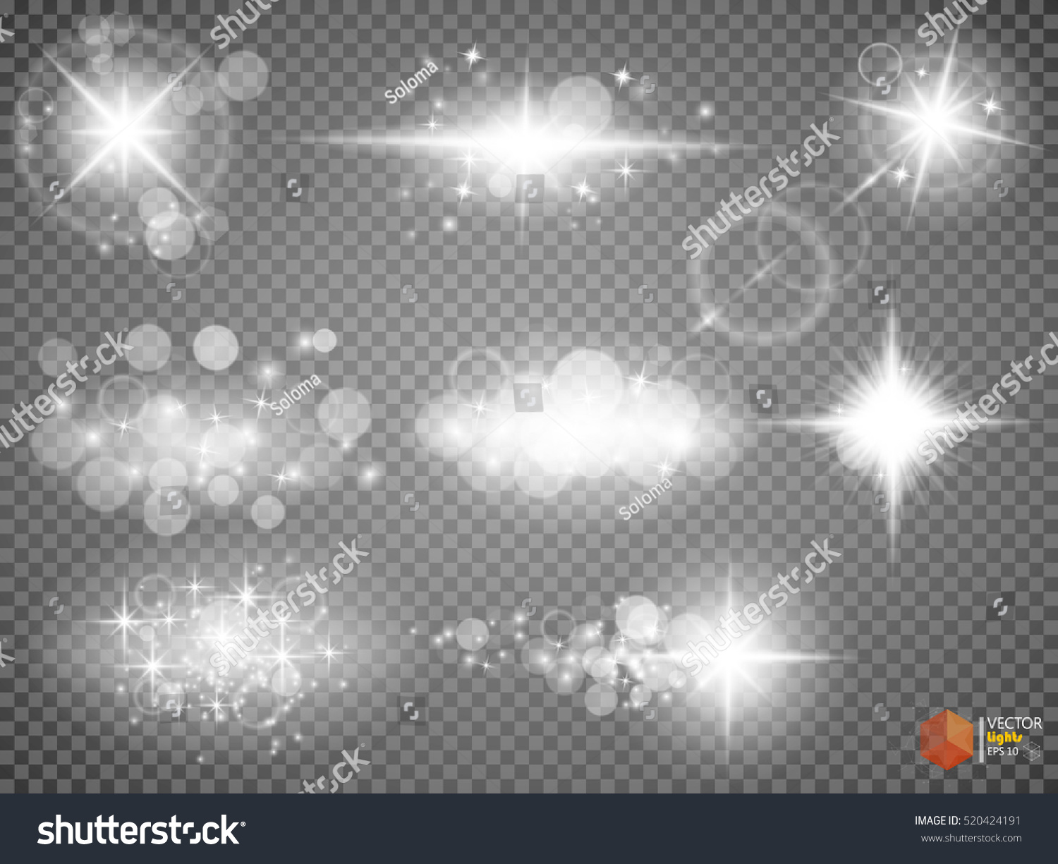 Silver glitter bokeh lights and tinsel. Bright star, solar particles and sparks with glare effect on a transparent background #520424191