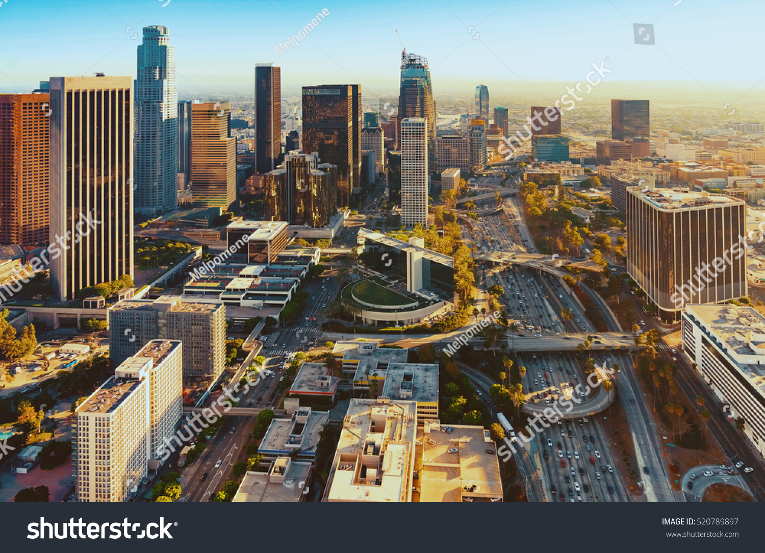 Aerial view of a Downtown Los Angeles at sunset #520789897
