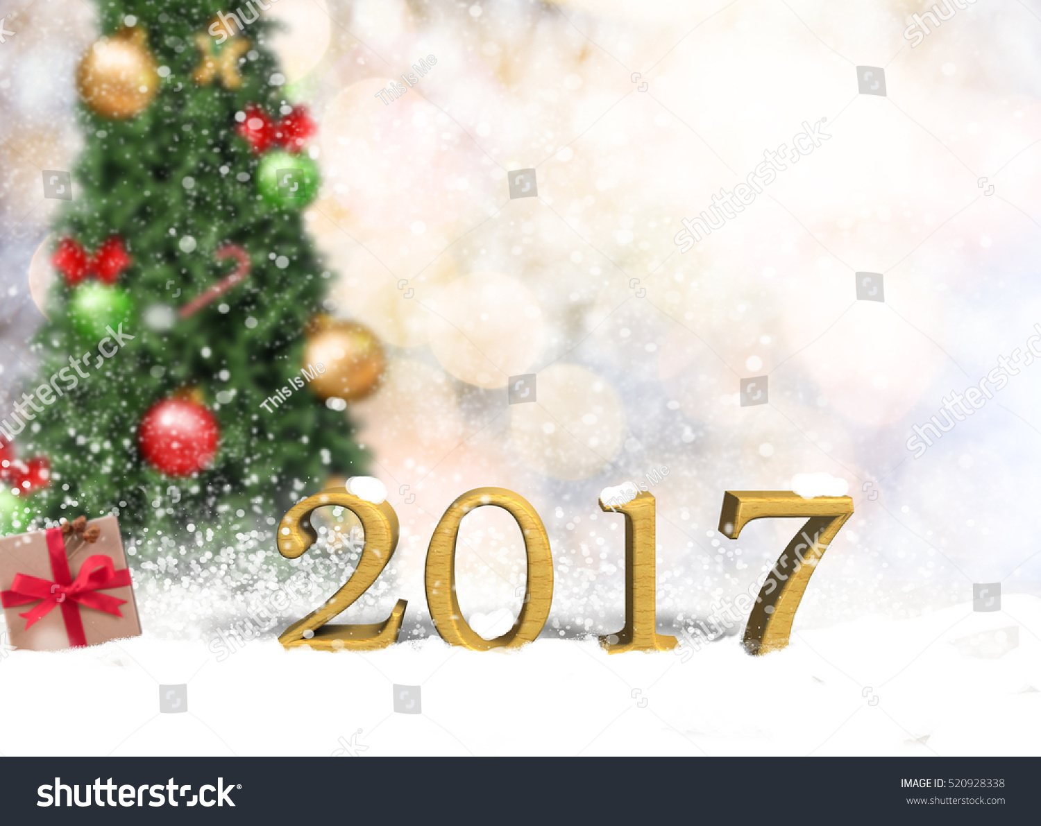 Empty wood table Happy New Year 2017 on christmas bokeh wall for product display montage. Holiday concept. #520928338