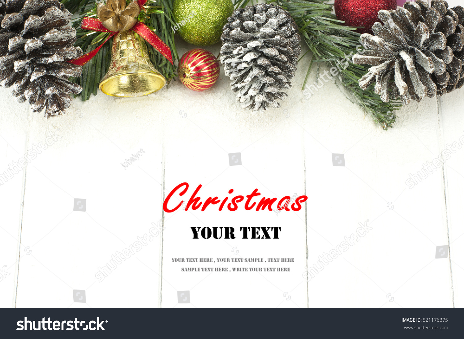 Christmas background with decorations on white wooden board. Christmas border with decoration ornaments. Top view of christmas border.Traditional christmas decoration with copy space. #521176375