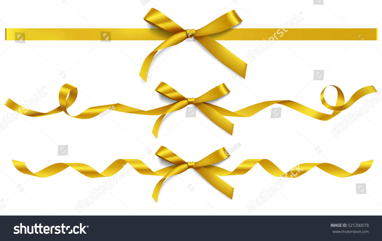 Set of decorative golden bows with horizontal gold ribbons isolated on white. Vector yellow gift bow with curled ribbon for page decor. New year holiday decorations #521200078