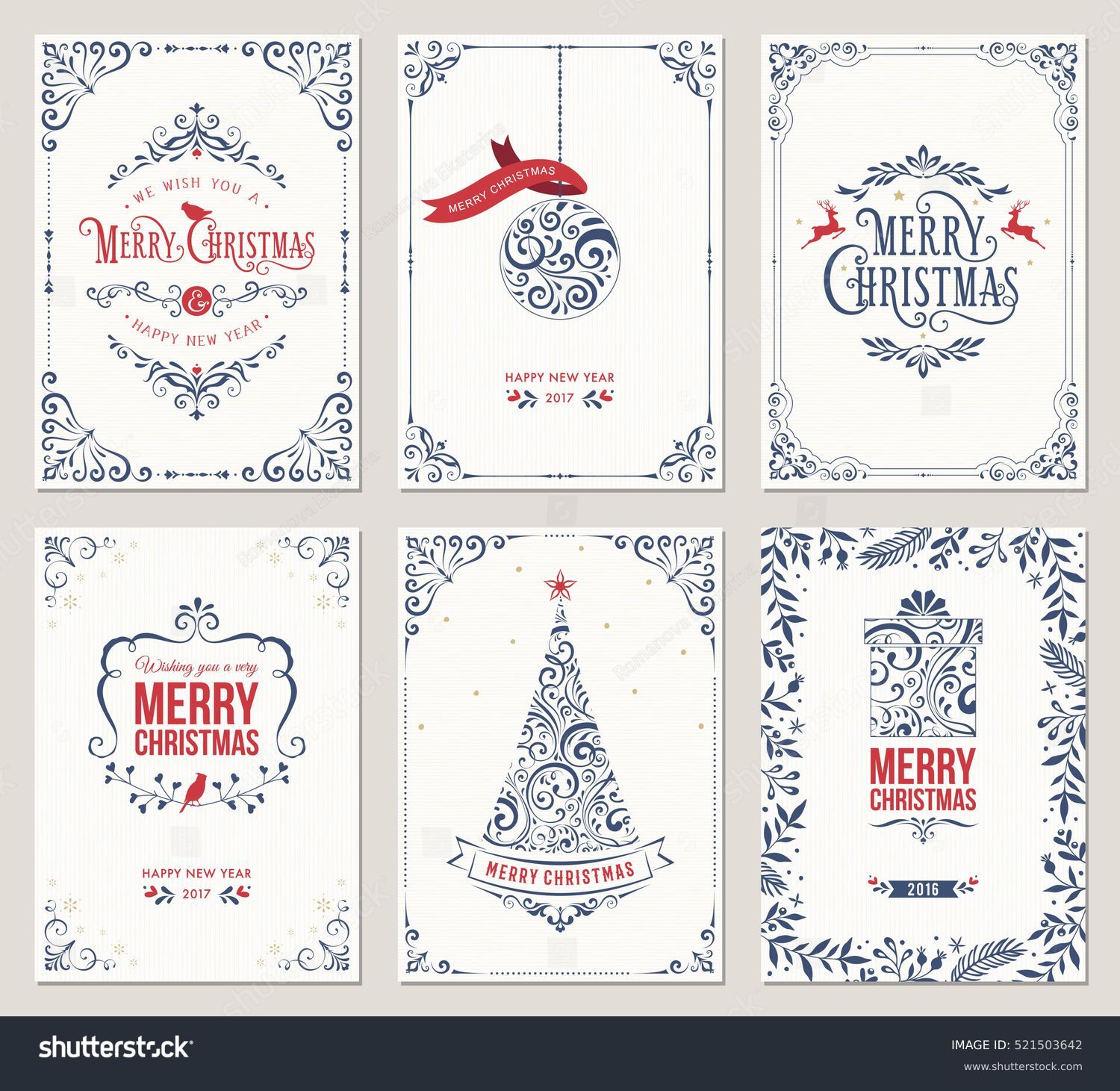 Ornate vertical winter holidays greeting cards with New Year tree, gift box, Christmas ornaments and typographic design.Vector illustration. #521503642