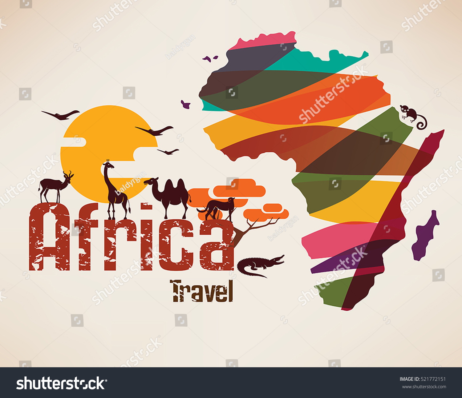 Africa travel map, decorative symbol of Africa continent with wild animals silhouettes #521772151