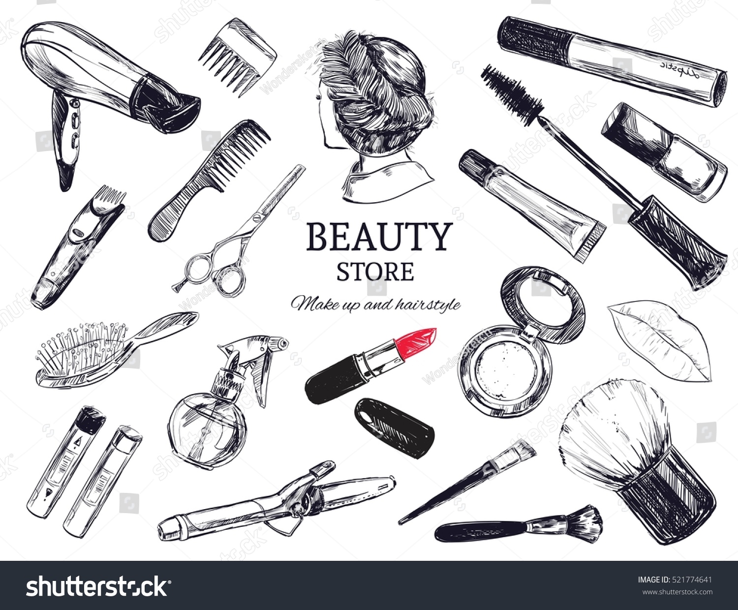 Beauty store background with make up artist and hairdressing objects: lipstick, cream, brush. Template Vector. Hand drawn isolated objects #521774641
