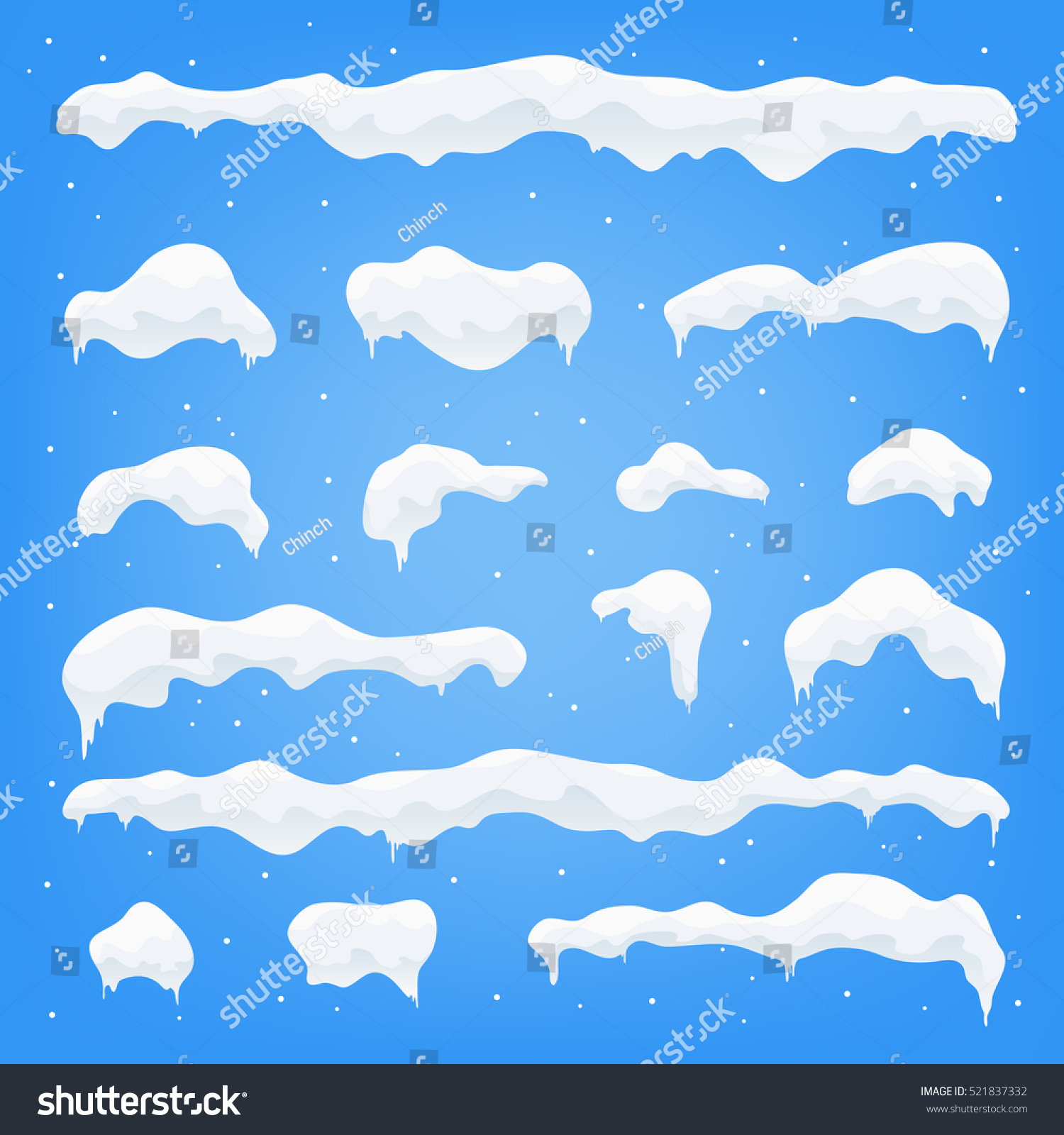Snow caps, snowballs and snowdrifts set. Snow cap vector collection. Winter decoration element. Snowy elements on blue background. Cartoon template. Snowfall and snowflakes in motion. Illustration. #521837332
