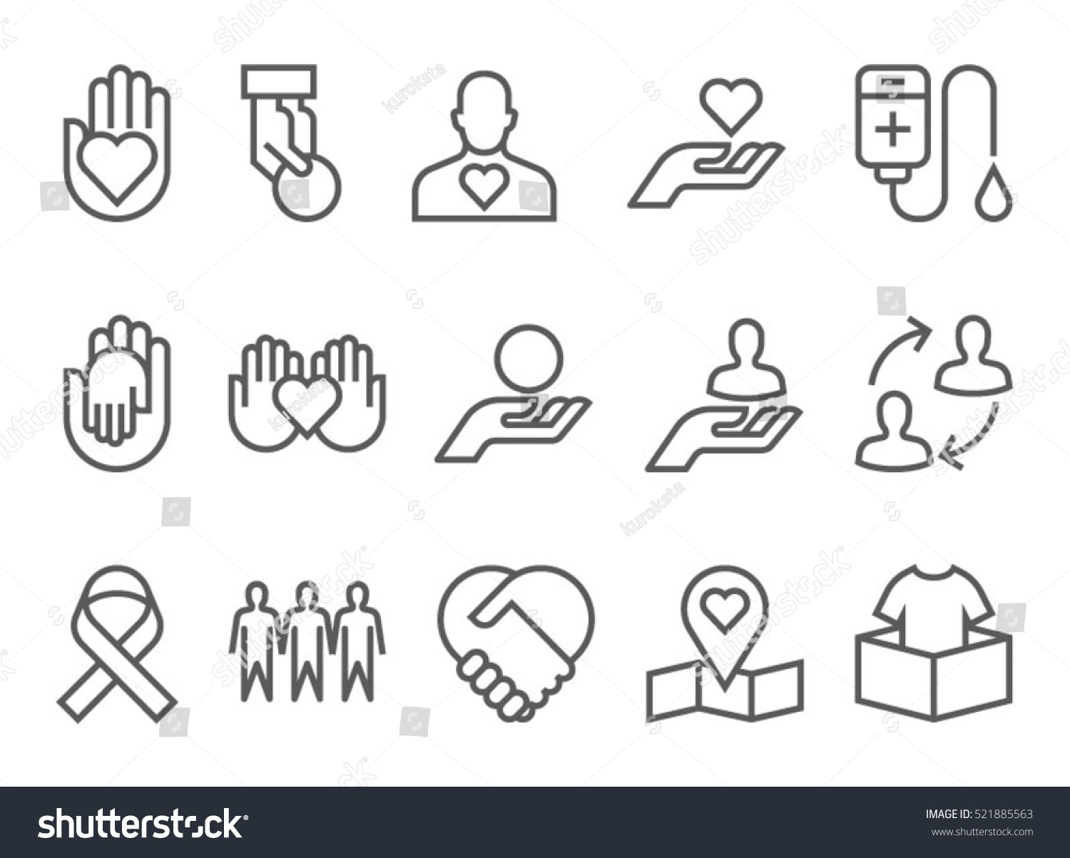 Charity, donation and volunteer work concept icons, thin line style, flat design. giving help, donating money, clothing, food, medicines. #521885563