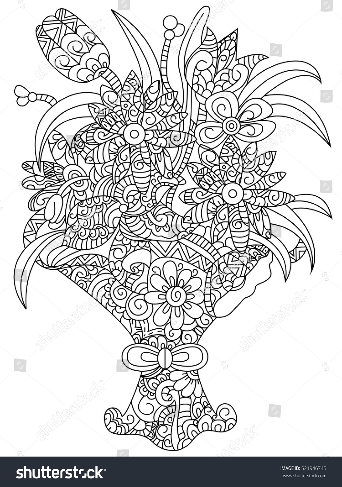 Bouquet Of Flowers Coloring Book For Adults Vector Illustration Flower Anti Stress