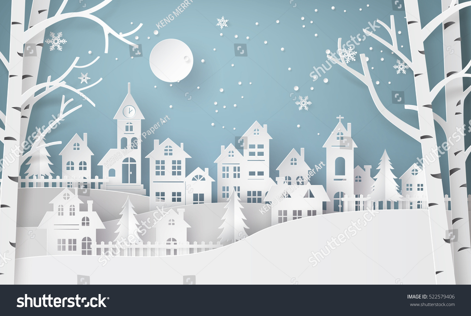 Winter Snow Urban Countryside Landscape City Village with full moon,Happy new year and Merry christmas,paper art and  digital craft style. #522579406