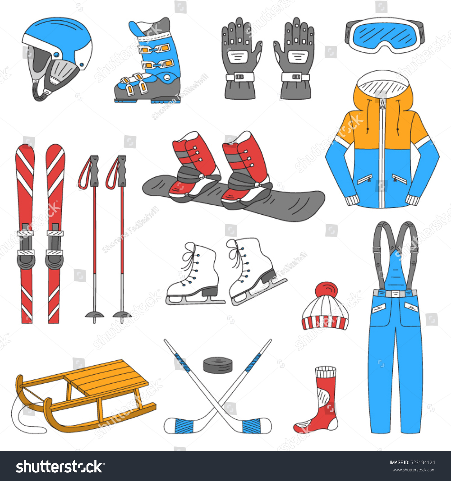 Winter sports collection, isolated on white background, hand drawn vector illustration. #523194124