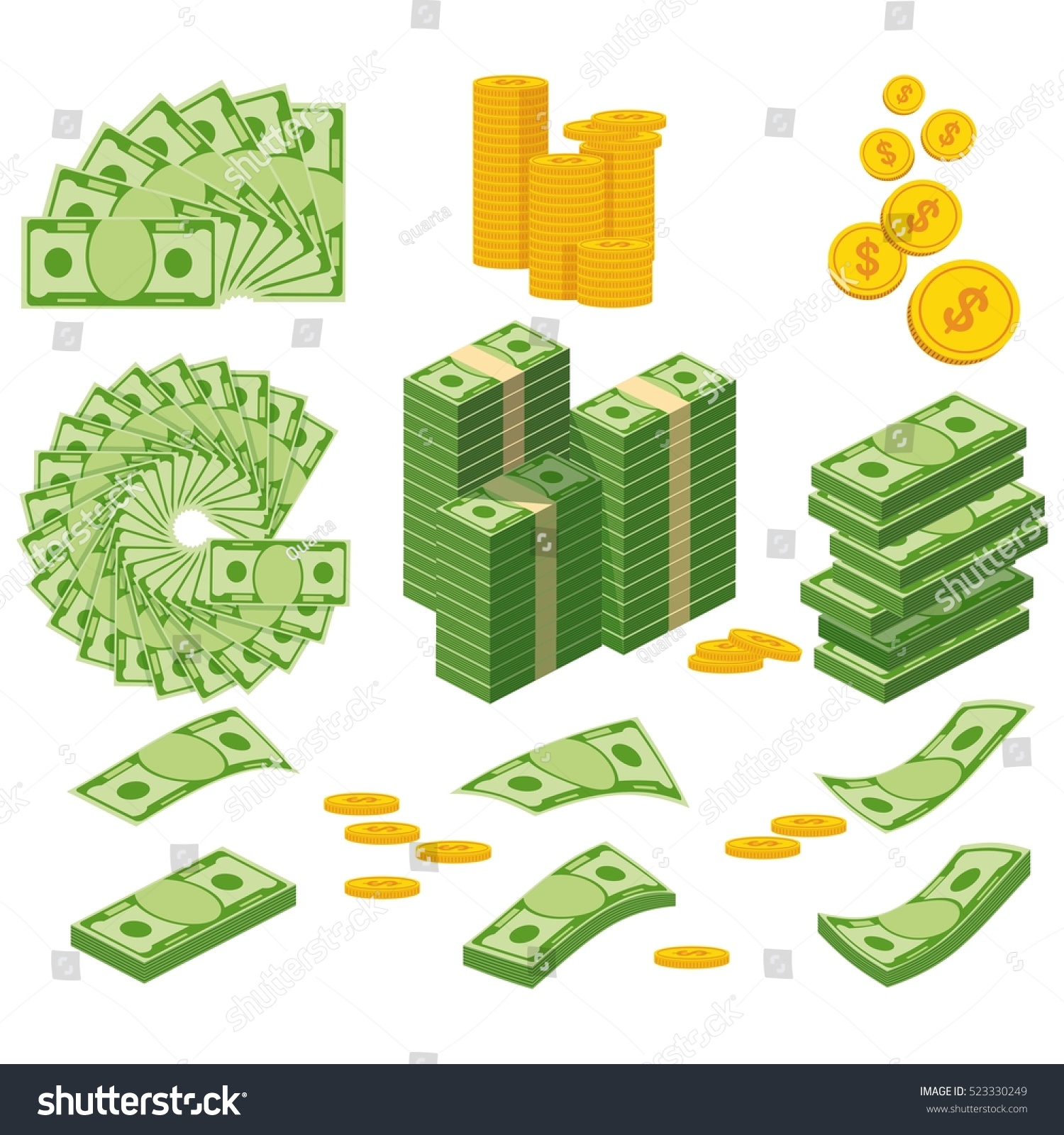 Set a various kind of money. Packing in bundles of bank notes, bills fly, gold coins. Flat vector cartoon money illustration. Objects isolated on a white background. #523330249