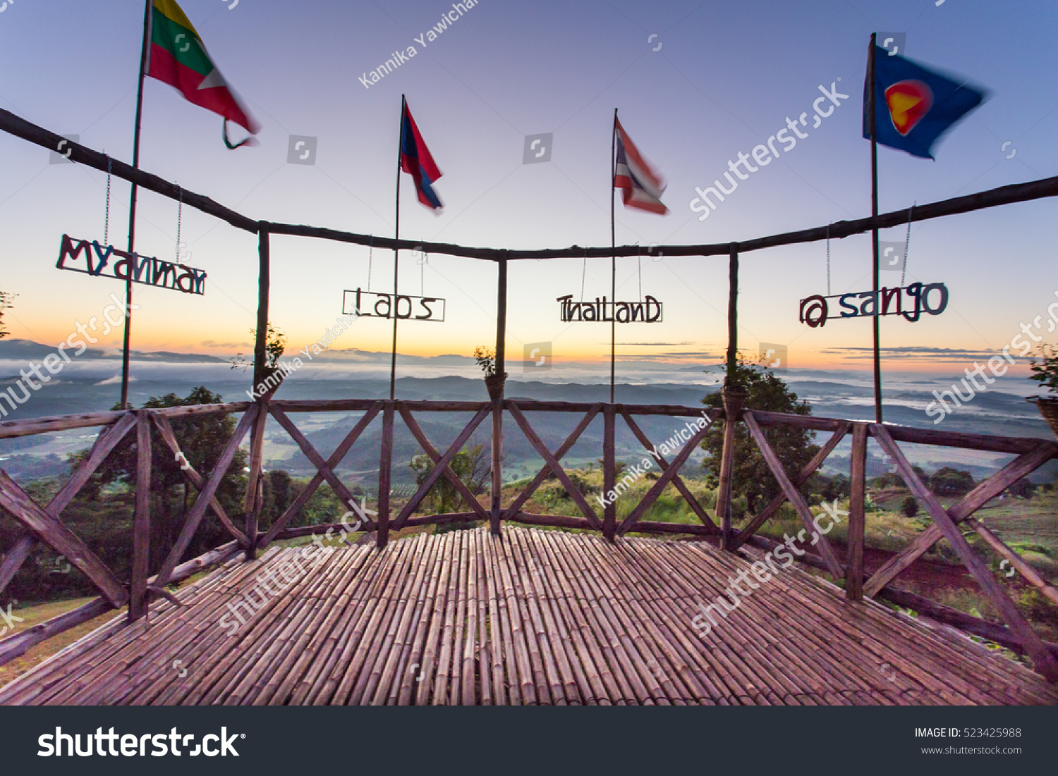 Flag of golden triangle country about Thailand, Laos, Myanmar at the viewpoint of the Golden Triangle at the intersection of the three countries;Thailand, Myanmar, Laos  #523425988