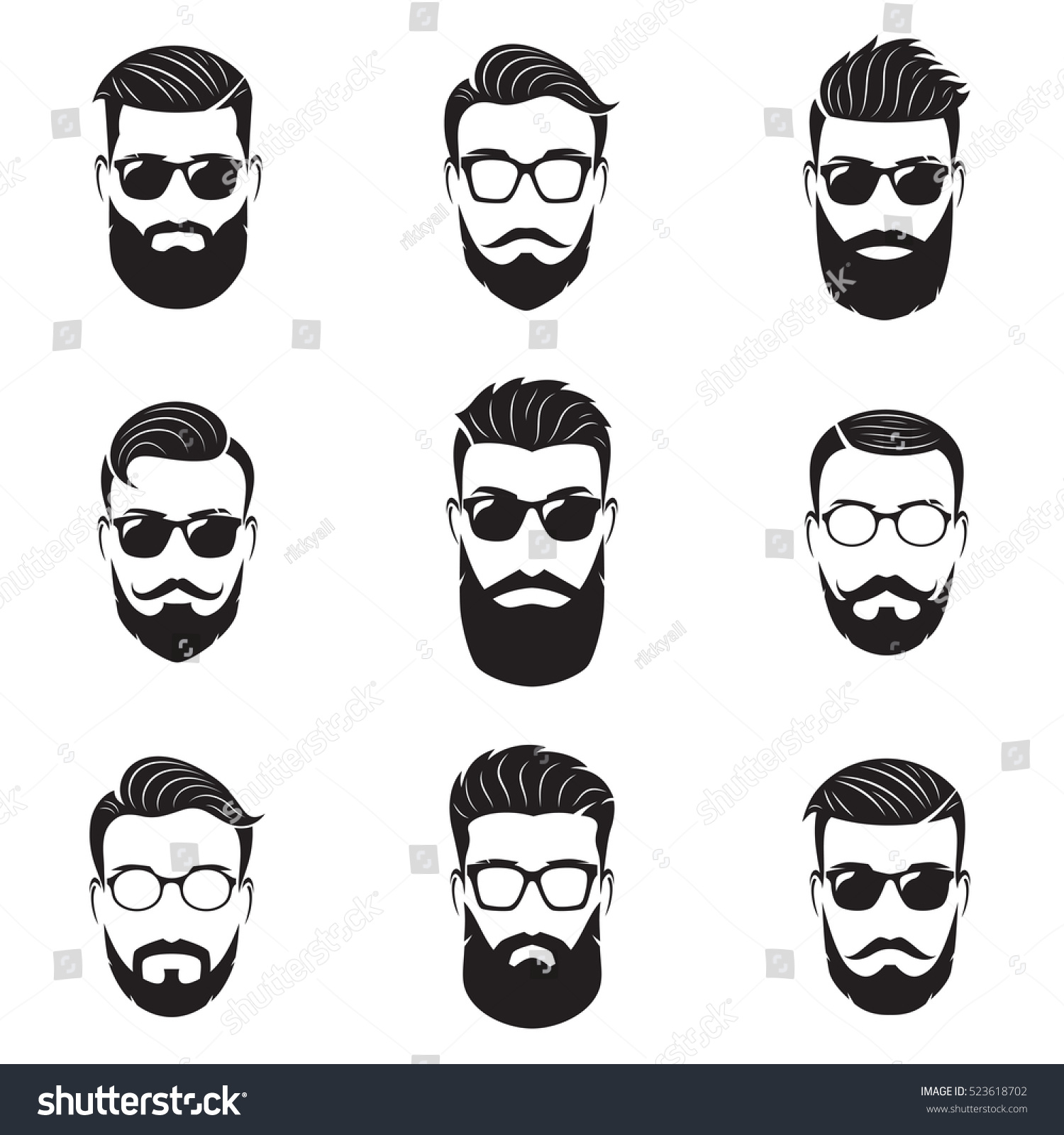 Set of vector bearded men faces, hipsters with different haircuts, mustaches, beards. Silhouettes, emblems, icons, labels. #523618702