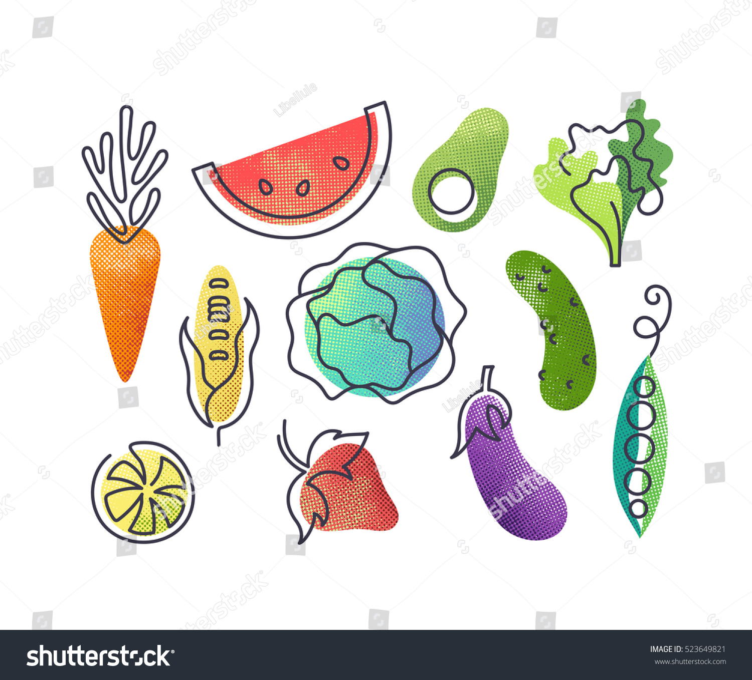 Colorful vector icons' set of fruits and vegetables. Isolated creative design healthy life objects. Vegetarian and vegan food halftone textured and monoline symbols' pack, no gradients #523649821
