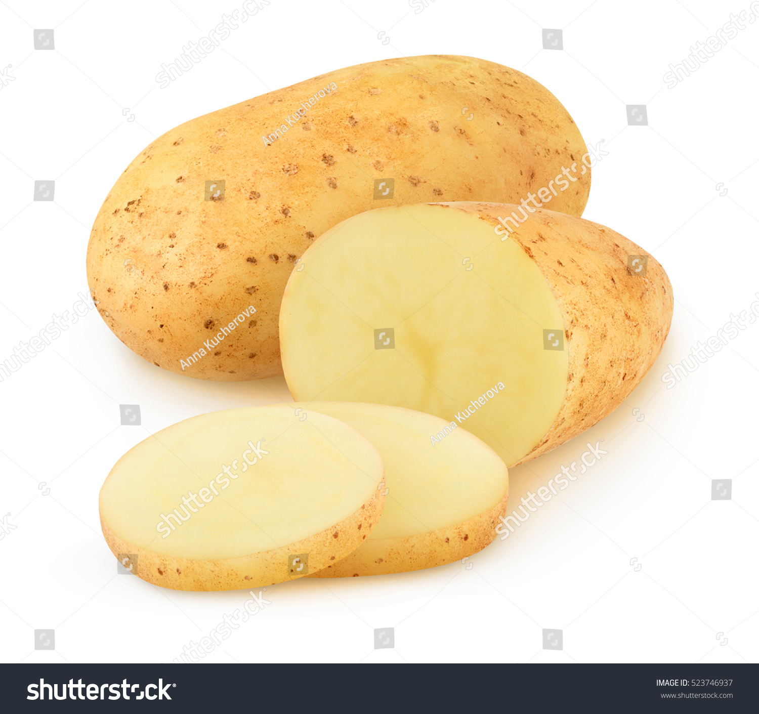 Isolated potatoes. Cut raw potato vegetables isolated on white background with clipping path #523746937