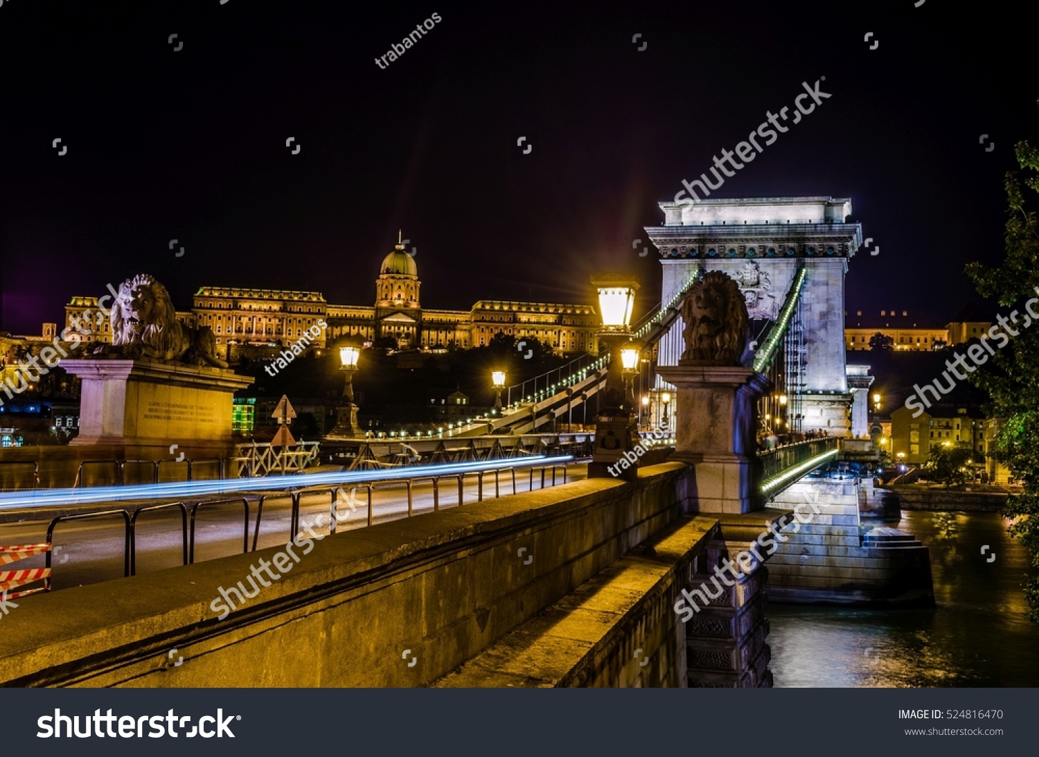 Night view of the Szechenyi Chain Bridge is a suspension bridge that spans the River Danube between Buda and Pest #524816470