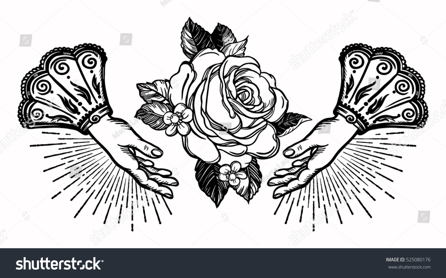 Ornate old fashioned hands and elegant vintage rose flower. Isolated vector illustration. Victorian motif, retro style art, flash tattoo design element.

 #525080176