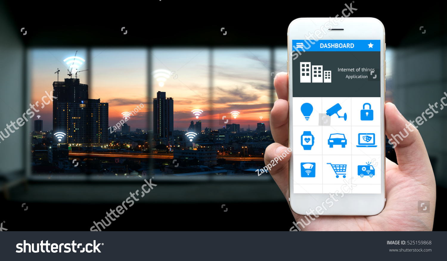 Internet of things , iot , smart home , smart city and network connect concept. Human hand holding white phone and application with city sunset view background and wifi icons #525159868