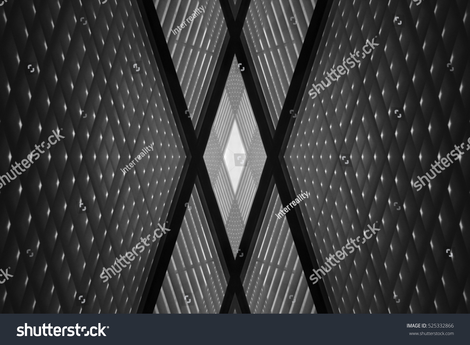 Double exposure photo of sloped walls. Realistic though unreal office interior fragment. Abstract black and white image on the subject of modern architecture. #525332866