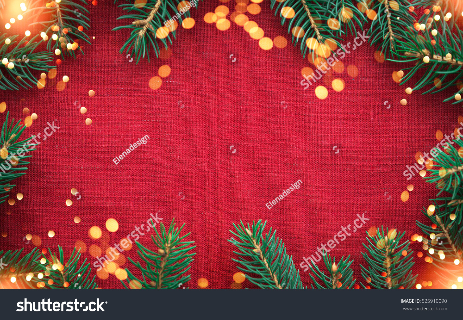 Christmas background with xmas tree and sparkle bokeh lights on red canvas background. Merry christmas card. Winter holiday theme. Happy New Year. Space for text #525910090