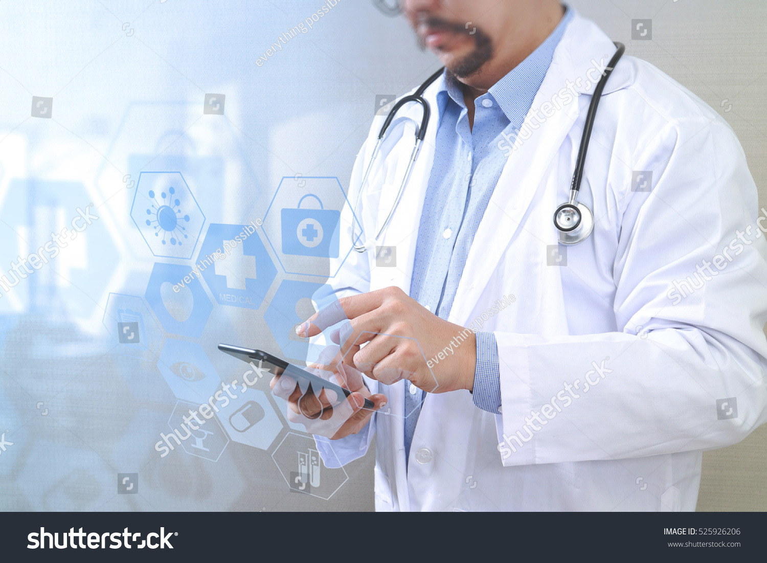 Medical technology concept. Doctor hand working with modern smart phone with  chart interface,multi-channel connection,white background #525926206