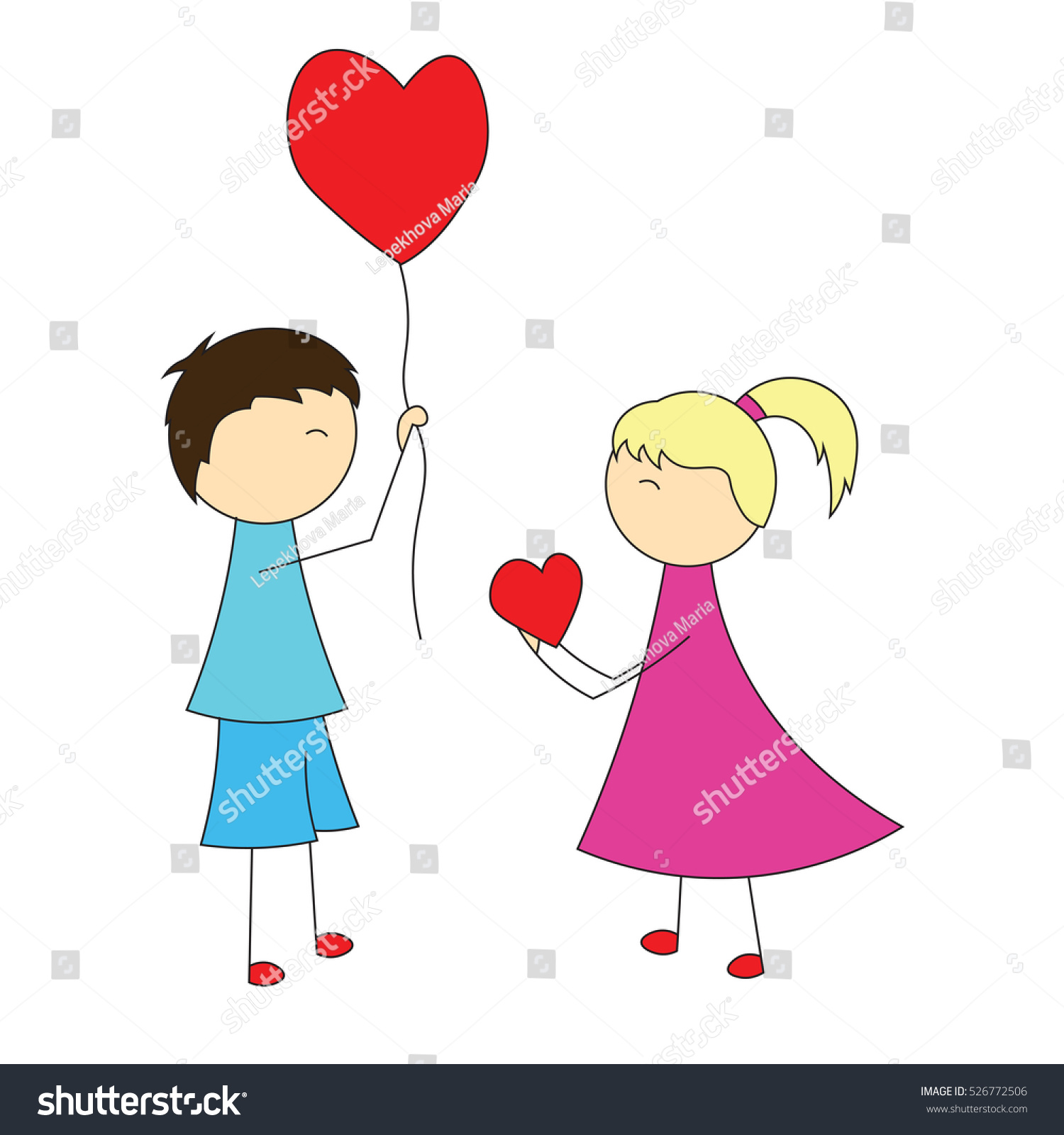 Simple Cartoon Boy Gives A Balloon Heart Girl A Royalty Free Stock Vector Avopix Com