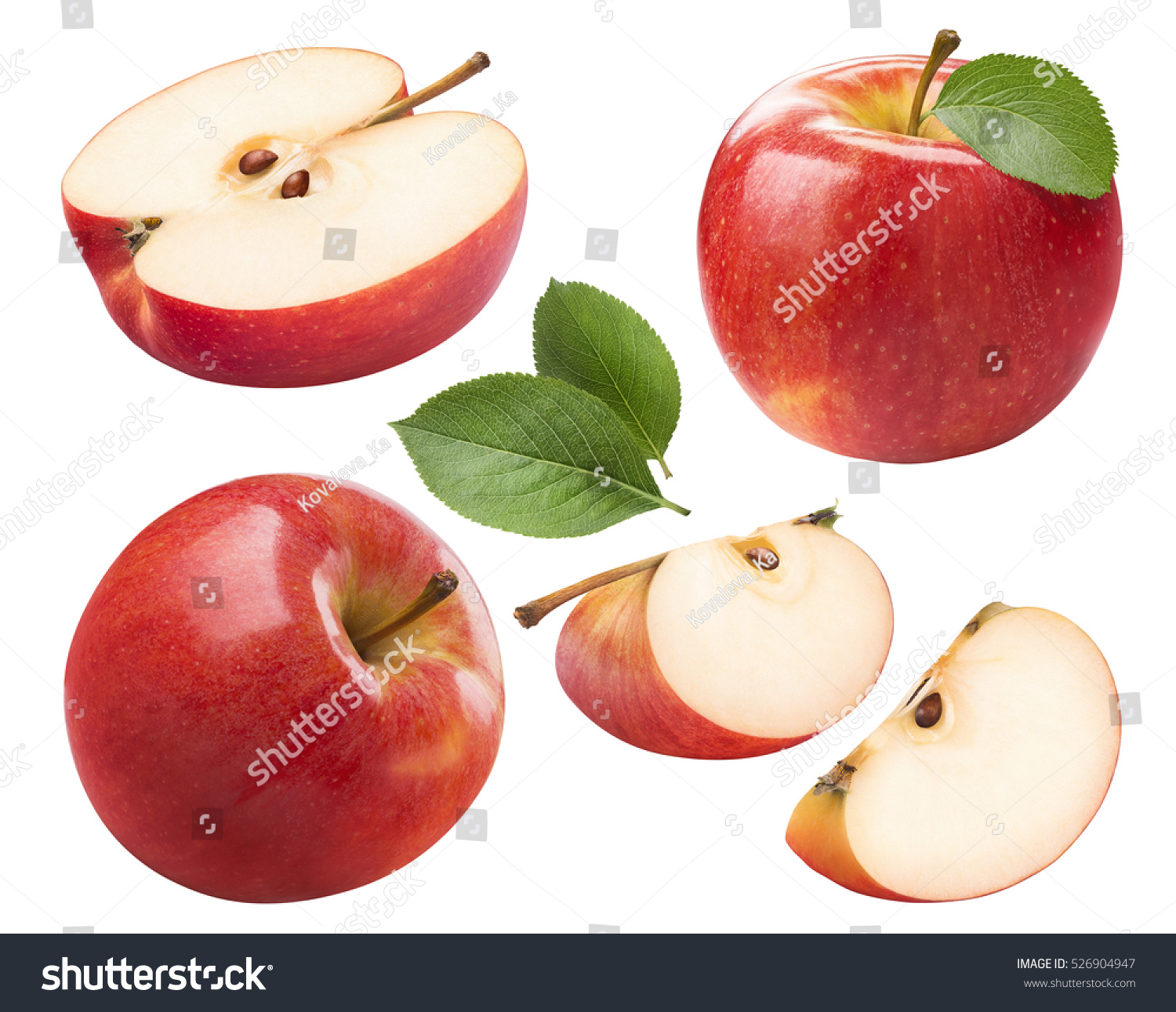 Red apple whole pieces set isolated on white background as package design element #526904947
