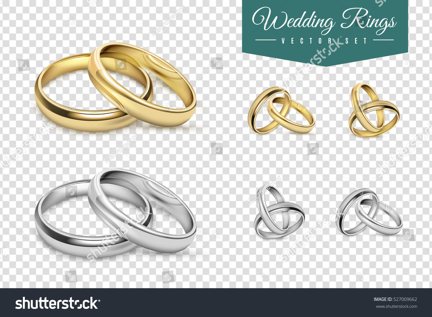 Wedding rings set of gold and silver metal on transparent background isolated vector illustration #527009662